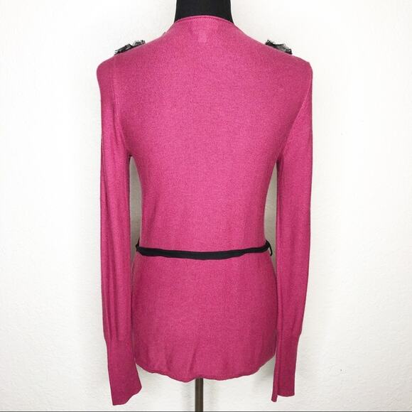 Tracy Reese New York dark pink black ruffle trim belted cardigan size Small - Picture 2 of 16